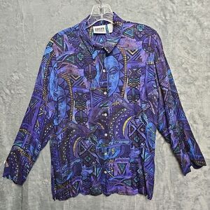 Chico's Design 100% Silk Blouse Sz Med Purple gold long sleeve
